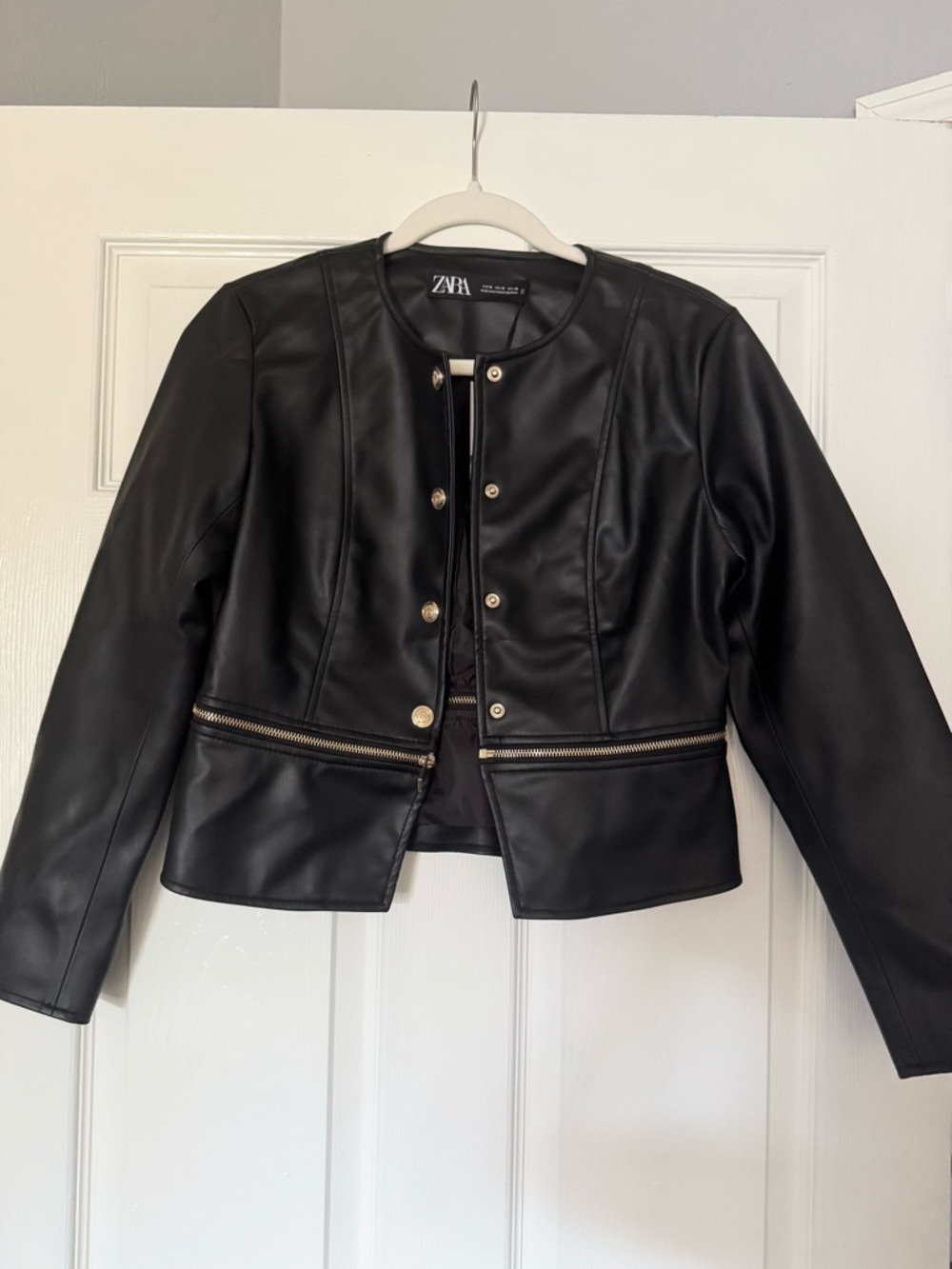 Zara Black Faux Leather Collarless Jacket with Zip Waist Detail
